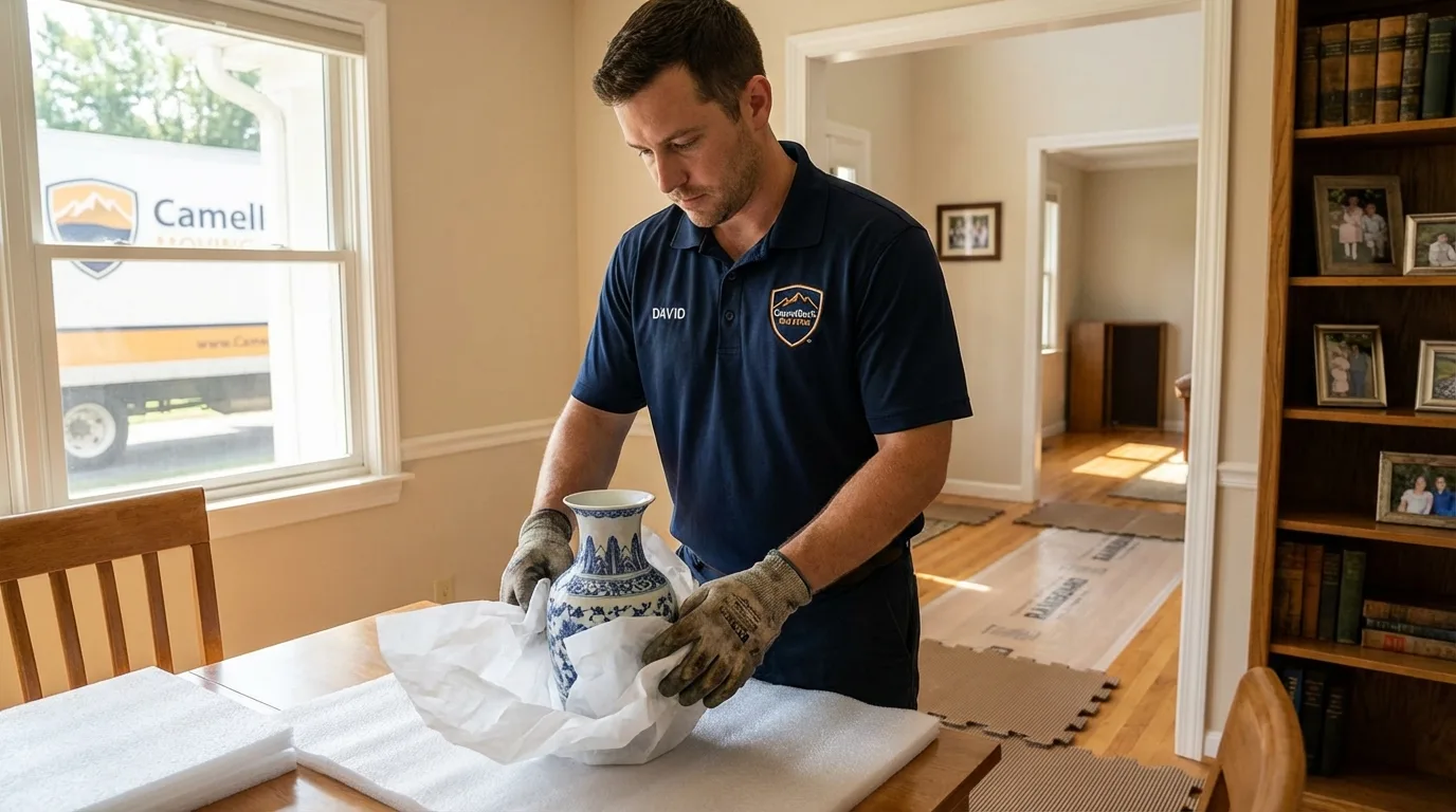 Professional crew carefully wrapping antique vase for senior downsizing move in Silver Grove, KY